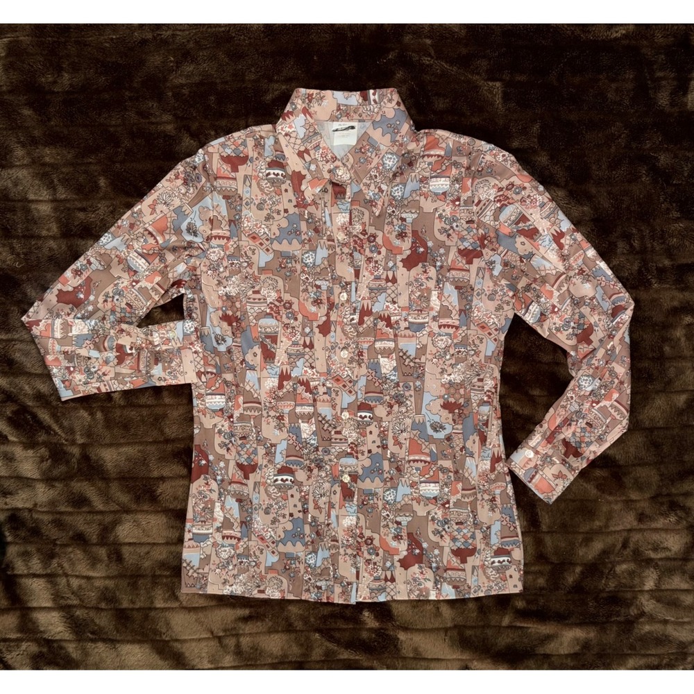 Nikki Blouse Women M Brown Excellent Vintage 70s Novelty Print Button Up Top
